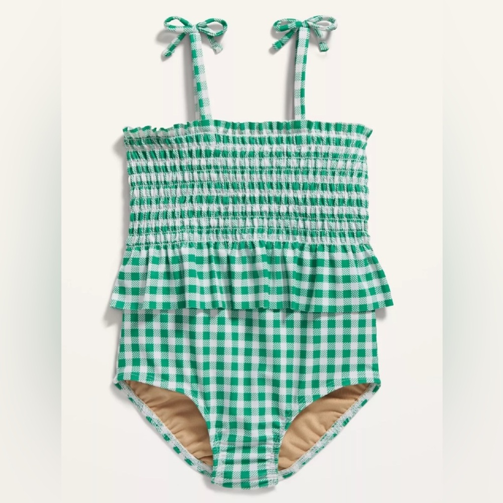 Old Navy 5T Green Gingham Smocked 1-Piece Lined Swimsuit
